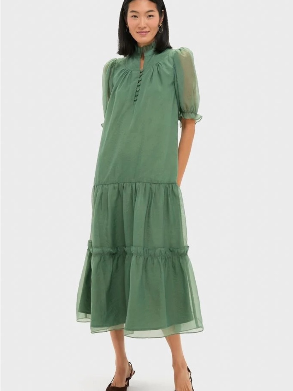 Pomander Place Green Puff-Sleeve Tiered Maxi Dress